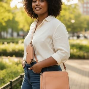 Nanette Lepore Orange Cream Crossbody – Dual Zip Compartments + Glasses Holder